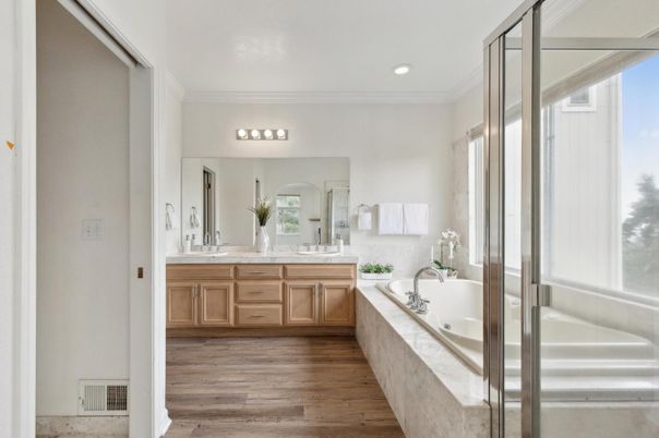 Bathroom, Dual Sink Vanities, Interior, Recessed Lighting, Wood Texture Flooring