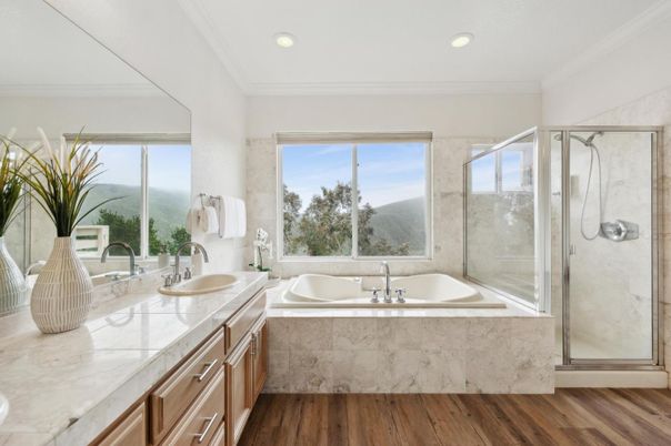 Bathroom, Dual Sink Vanities, Glass Shower, Interior, Recessed Lighting, Wood Texture Flooring