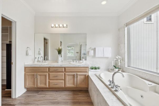 Bathroom, Dual Sink Vanities, Interior, Recessed Lighting, Wood Texture Flooring