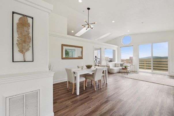 Dining room, Interior, Living room, Pendant Lights, Recessed Lighting, Wood Texture Flooring