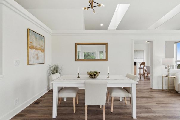 Dining room, Interior, Pendant Lights, Recessed Lighting, Wood Texture Flooring
