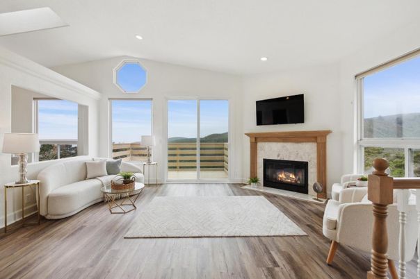 Fireplace, Interior, Living room, Recessed Lighting, Wood Texture Flooring