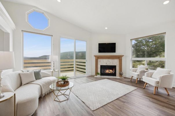 Fireplace, Interior, Living room, Recessed Lighting, Wood Texture Flooring