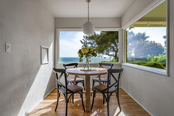 Dining room, Interior, Pendant Lights, Water, Wood Texture Flooring
