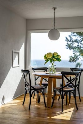 Dining room, Interior, Pendant Lights, Wood Texture Flooring