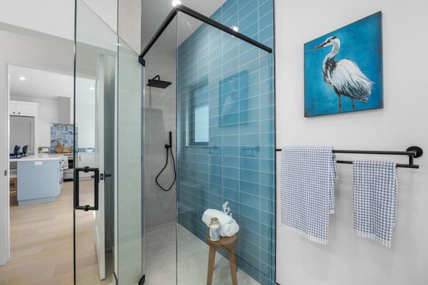 Bathroom, Glass Shower, Interior, Recessed Lighting, Wood Texture Flooring