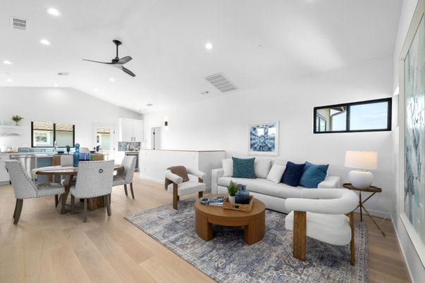 Dining room, Interior, Living room, Recessed Lighting, Wood Texture Flooring
