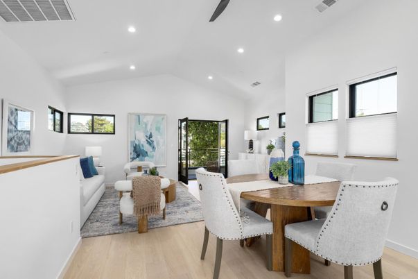 Dining room, Interior, Living room, Recessed Lighting, Wood Texture Flooring
