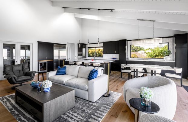 Dining room, Interior, Kitchen, Living room, Pendant Lights, Stainless Steel Appliances, Wood Texture Flooring