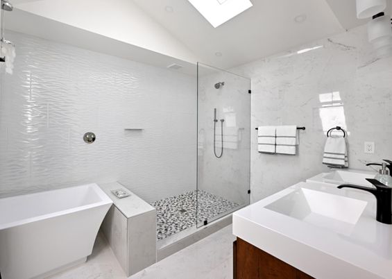 Bathroom, Free Standing Baths, Glass Shower, Interior, Marble Walls, Recessed Lighting