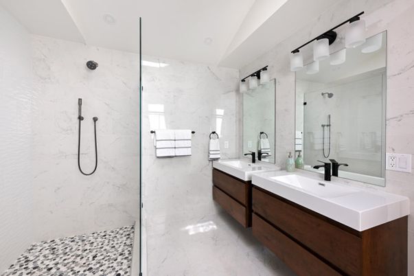 Bathroom, Dual Sink Vanities, Glass Shower, Interior, Marble, Marble Walls