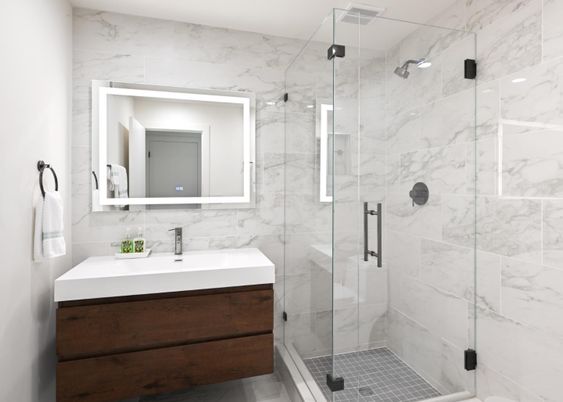 Bathroom, Glass Shower, Interior, Marble Walls