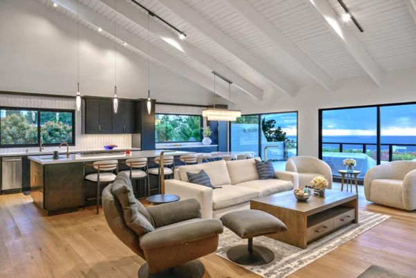 Dining room, Interior, Kitchen, Living room, Pendant Lights, Water, Wood Texture Flooring