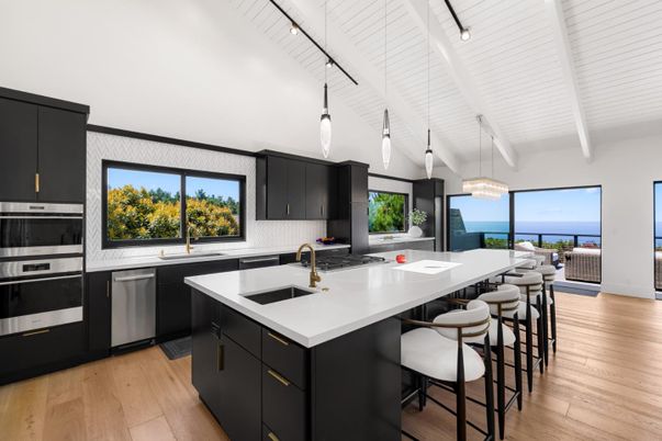 Interior, Kitchen, Pendant Lights, Stainless Steel Appliances, Water, Wood Texture Flooring