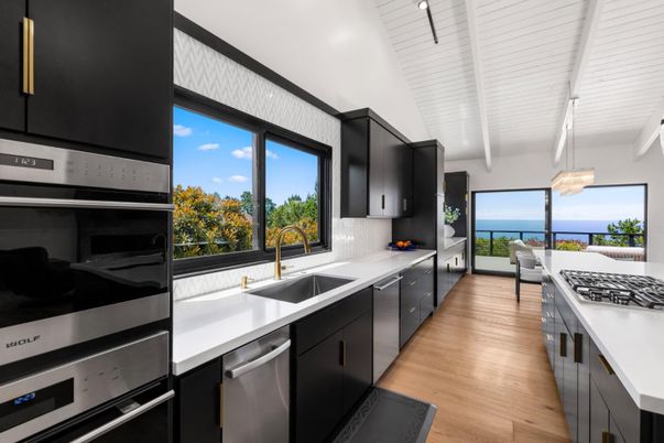 Interior, Kitchen, Pendant Lights, Stainless Steel Appliances, Water, Wood Texture Flooring