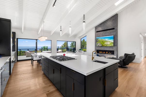 Dining room, Fireplace, Interior, Kitchen, Living room, Pendant Lights, Water, Wood Texture Flooring