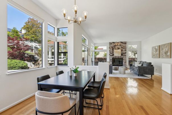 Chandelier, Dining room, Fireplace, Interior, Living room, Pendant Lights, Wood Texture Flooring