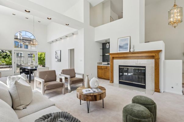 Chandelier, Dining room, Fireplace, Interior, Living room, Pendant Lights, Recessed Lighting