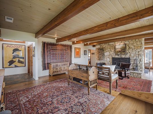 Fireplace, Interior, Recessed Lighting, Stone Walls, Wooden Beams, Wooden Ceilings, Wood Texture Flooring