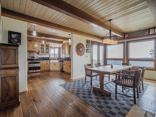 Dining room, Interior, Kitchen, Pendant Lights, Stainless Steel Appliances, Water, Wooden Beams, Wooden Ceilings, Wood Texture Flooring