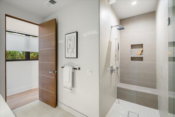 Bathroom, Glass Shower, Interior, Recessed Lighting, Wood Texture Flooring