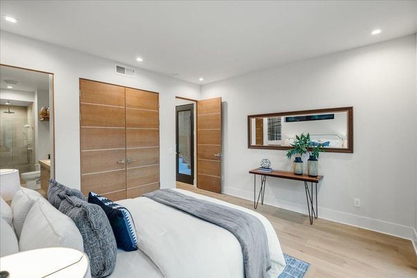 Bathroom, Bedroom, Glass Shower, Interior, Recessed Lighting, Wood Texture Flooring