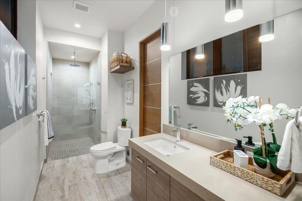 Bathroom, Glass Shower, Interior, Recessed Lighting, Wood Texture Flooring