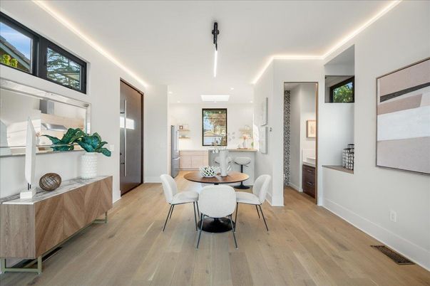 Dining room, Interior, Recessed Lighting, Wood Texture Flooring