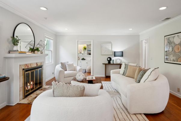 Fireplace, Interior, Living room, Recessed Lighting, Wood Texture Flooring