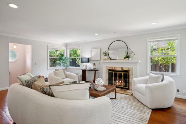Fireplace, Interior, Living room, Recessed Lighting, Wood Texture Flooring