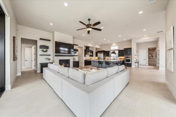 Fireplace, Interior, Kitchen, Living room, Recessed Lighting