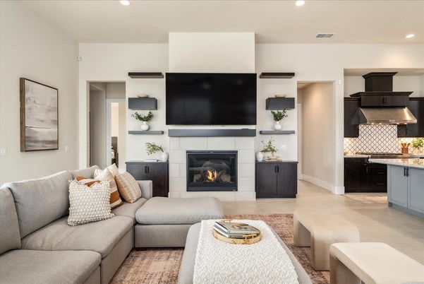 Fireplace, Interior, Kitchen, Living room, Recessed Lighting