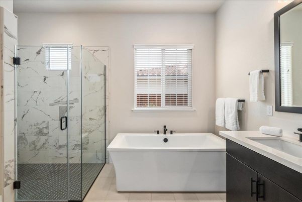 Bathroom, Free Standing Baths, Glass Shower, Interior, Marble Walls