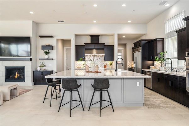 Fireplace, Interior, Kitchen, Recessed Lighting, Stainless Steel Appliances