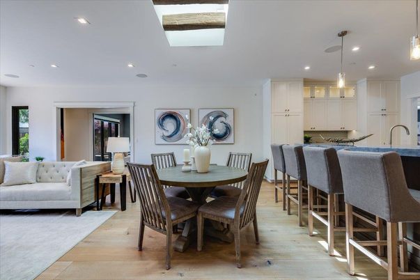 Dining room, Interior, Kitchen, Pendant Lights, Recessed Lighting, Wood Texture Flooring