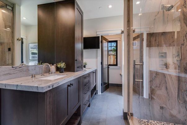Bathroom, Dual Sink Vanities, Glass Shower, Interior, Marble Walls, Recessed Lighting