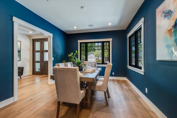 Dining room, Interior, Recessed Lighting, Wood Texture Flooring