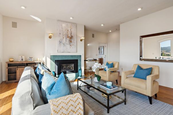 Fireplace, Interior, Living room, Recessed Lighting, Wood Texture Flooring