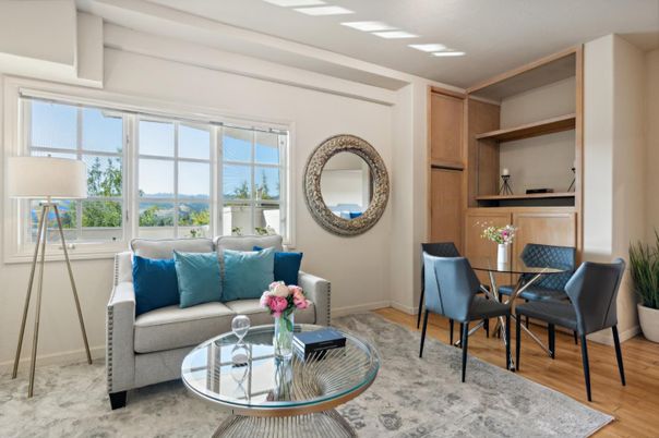 Dining room, Interior, Living room, Recessed Lighting, Wood Texture Flooring