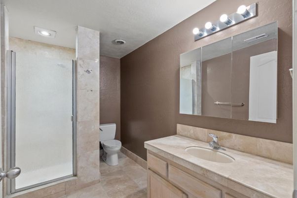 Bathroom, Glass Shower, Interior, Recessed Lighting, Tile Countertops