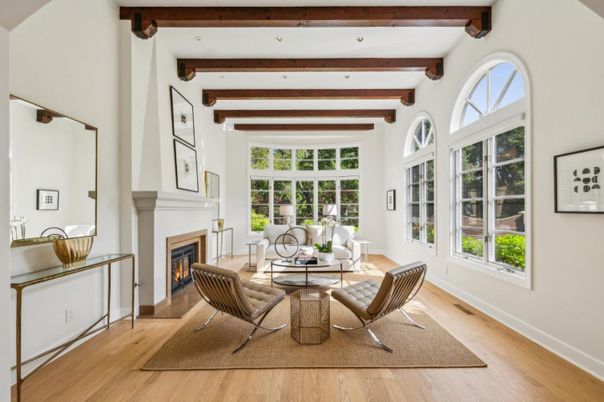 Fireplace, Interior, Living room, Recessed Lighting, Wooden Beams, Wood Texture Flooring