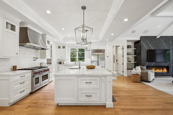 Fireplace, Interior, Kitchen, Living room, Pendant Lights, Recessed Lighting, Stainless Steel Appliances, Wood Texture Flooring