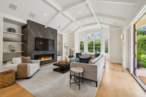 Fireplace, Interior, Living room, Recessed Lighting, Wood Texture Flooring