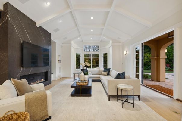 Fireplace, Interior, Living room, Recessed Lighting, Wood Texture Flooring