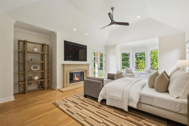 Bedroom, Fireplace, Interior, Recessed Lighting, Wood Texture Flooring