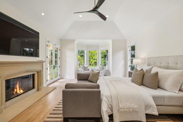Bedroom, Fireplace, Interior, Recessed Lighting, Wood Texture Flooring