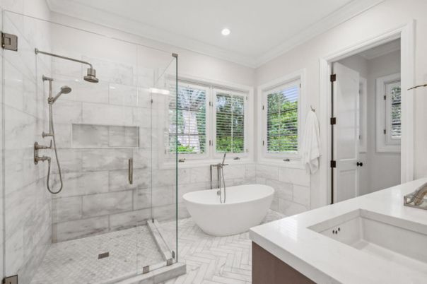 Bathroom, Free Standing Baths, Glass Shower, Interior, Marble, Marble Walls, Recessed Lighting
