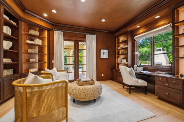 Home Office, Interior, Recessed Lighting, Wood Texture Flooring, Wooden Walls