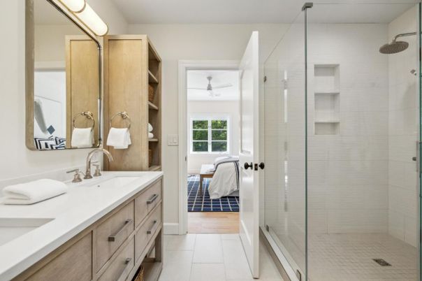 Bathroom, Bedroom, Dual Sink Vanities, Glass Shower, Interior, Wood Texture Flooring