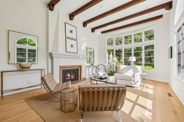 Fireplace, Interior, Living room, Recessed Lighting, Wooden Beams, Wood Texture Flooring